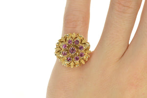 14K 1960's Ruby Ornate Round Cluster Cocktail Ring Size 5 Yellow Gold