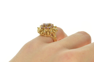 14K 1960's Ruby Ornate Round Cluster Cocktail Ring Size 5 Yellow Gold