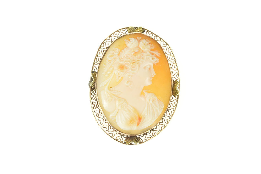 14K Ornate Victorian Carved Lady Shell Cameo Pendant/Pin Yellow Gold