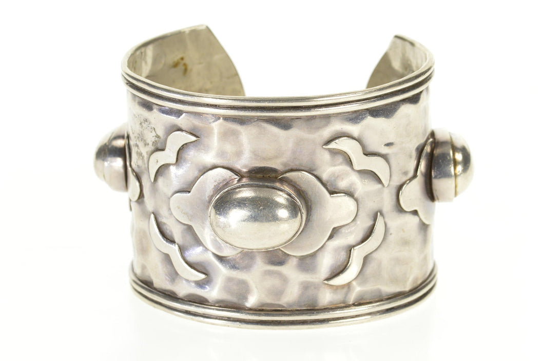 Sterling Silver Ornate Hammered Oval Design Statement Cuff Bracelet 7.25