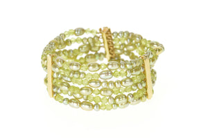 14K Green Pearl & Crystal Tiered Layered Bar Bracelet 6.75" Yellow Gold