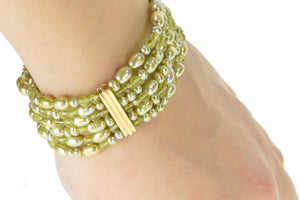 14K Green Pearl & Crystal Tiered Layered Bar Bracelet 6.75" Yellow Gold