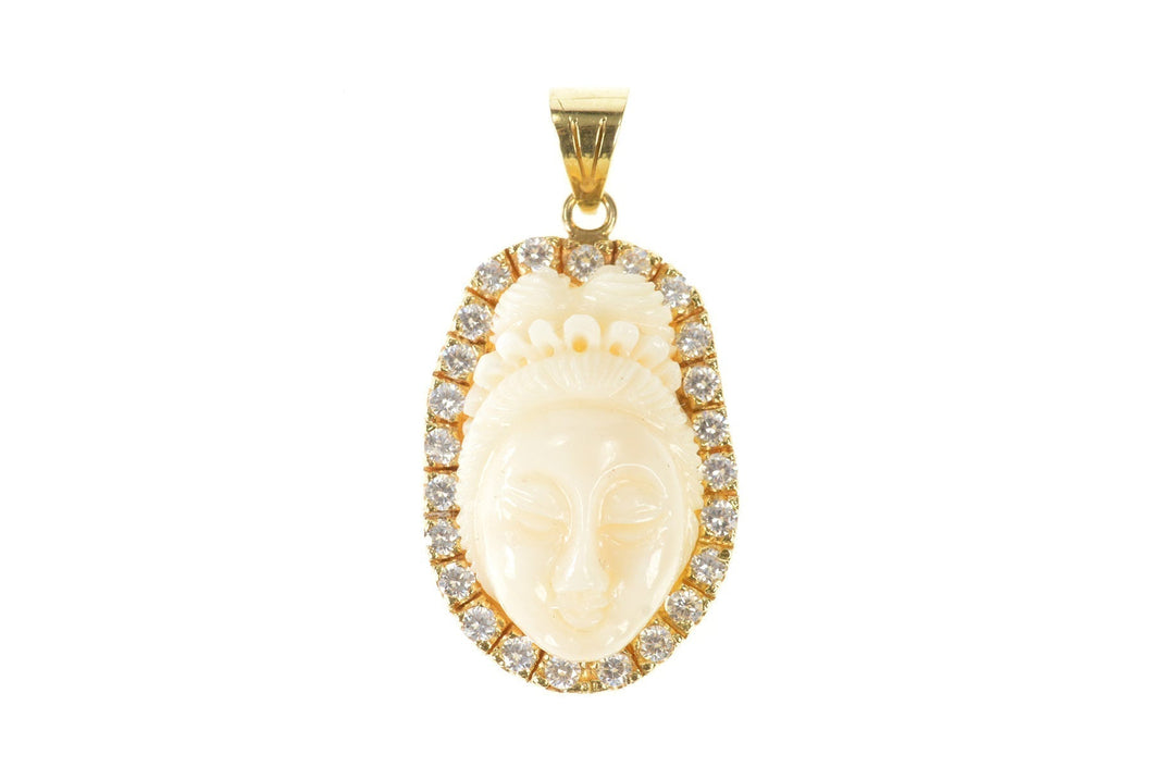 14K Carved White Agate Geisha Halo Statement Pendant Yellow Gold