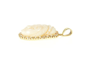 14K Carved White Agate Geisha Halo Statement Pendant Yellow Gold