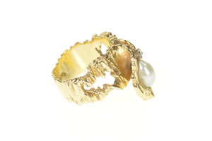 14K 1960's Pearl Diamond Raw Textured Statement Ring Size 6.5 Yellow Gold