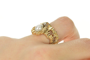 14K 1960's Pearl Diamond Raw Textured Statement Ring Size 6.5 Yellow Gold