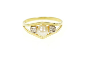 14K 1960's Pearl Diamond Accent Statement Ring Size 9 Yellow Gold