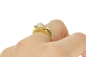 14K 1960's Pearl Diamond Accent Statement Ring Size 9 Yellow Gold