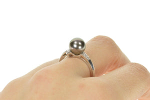 14K Art Deco Diamond Black Pearl Inset Bypass Ring Size 9.25 White Gold