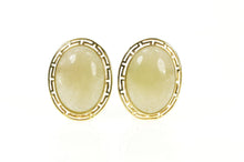 Load image into Gallery viewer, 14K Oval Jade Cabochon Greek Key French Clip Earrings Yellow Gold