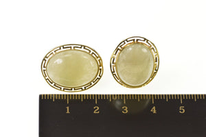14K Oval Jade Cabochon Greek Key French Clip Earrings Yellow Gold