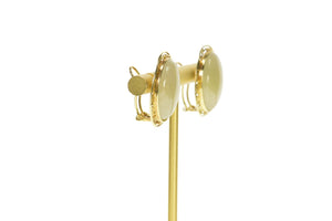 14K Oval Jade Cabochon Greek Key French Clip Earrings Yellow Gold