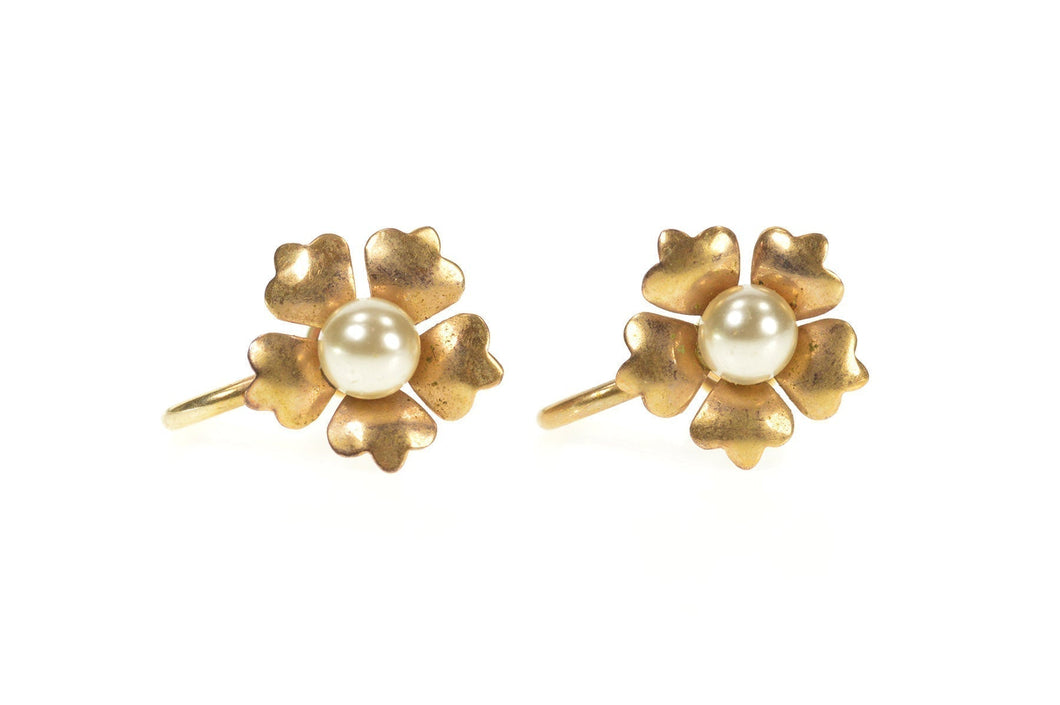 10K 1960's Retro Flower Pearl Inset Screw Back Earrings Yellow Gold