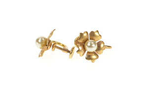 10K 1960's Retro Flower Pearl Inset Screw Back Earrings Yellow Gold
