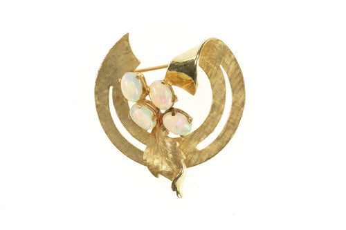 14K Retro Syn. Opal Floral Leaf Round Ribbon Pin/Brooch Yellow Gold