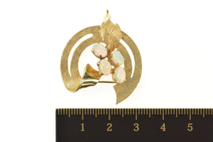 14K Retro Syn. Opal Floral Leaf Round Ribbon Pin/Brooch Yellow Gold