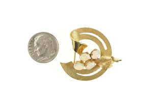 14K Retro Syn. Opal Floral Leaf Round Ribbon Pin/Brooch Yellow Gold