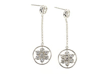 Load image into Gallery viewer, 14K Round Floral Cluster Dangle Chain CZ Earrings White Gold