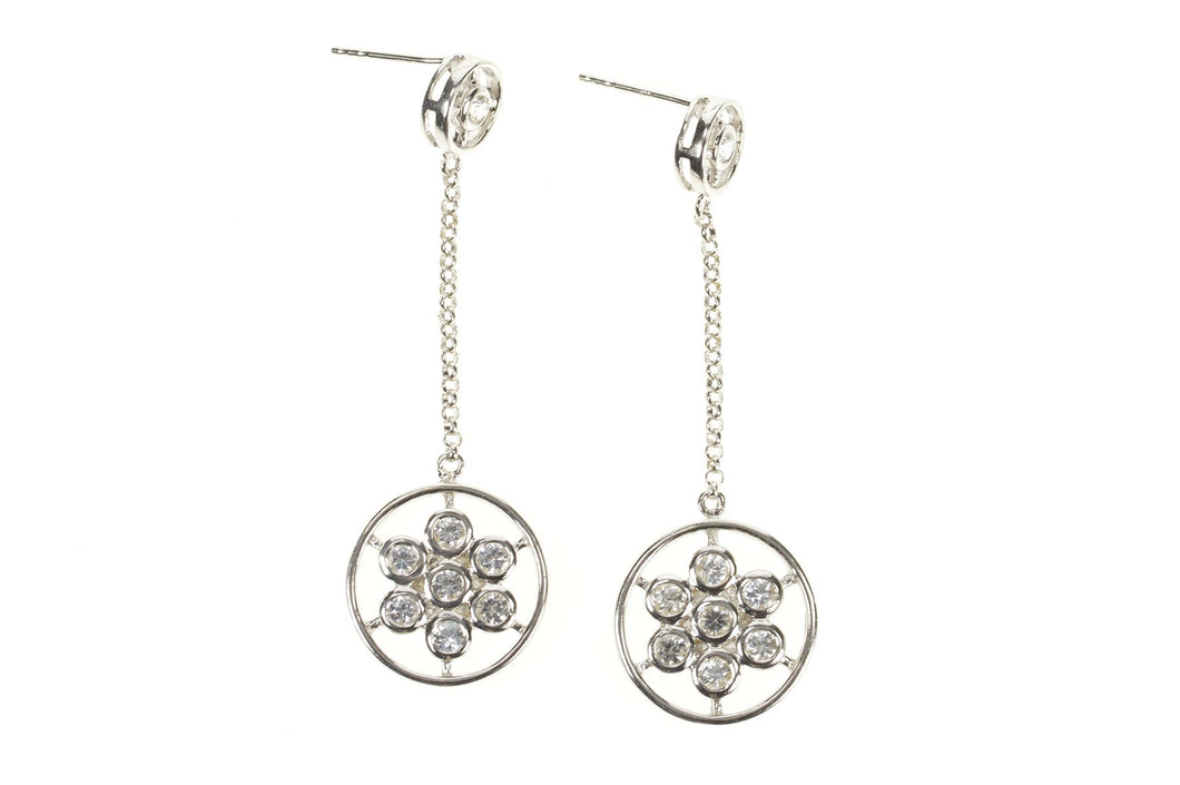 14K Round Floral Cluster Dangle Chain CZ Earrings White Gold