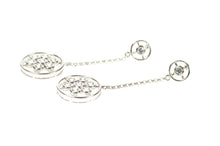 Load image into Gallery viewer, 14K Round Floral Cluster Dangle Chain CZ Earrings White Gold
