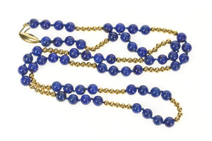 14K Retro Lapis Lazuli Round Beaded Statement Necklace 28" Yellow Gold