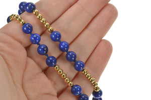 14K Retro Lapis Lazuli Round Beaded Statement Necklace 28" Yellow Gold