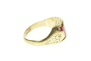10K 1930's Syn. Ruby Etched Leaf Vine Pattern Ring Size 7.25 Yellow Gold