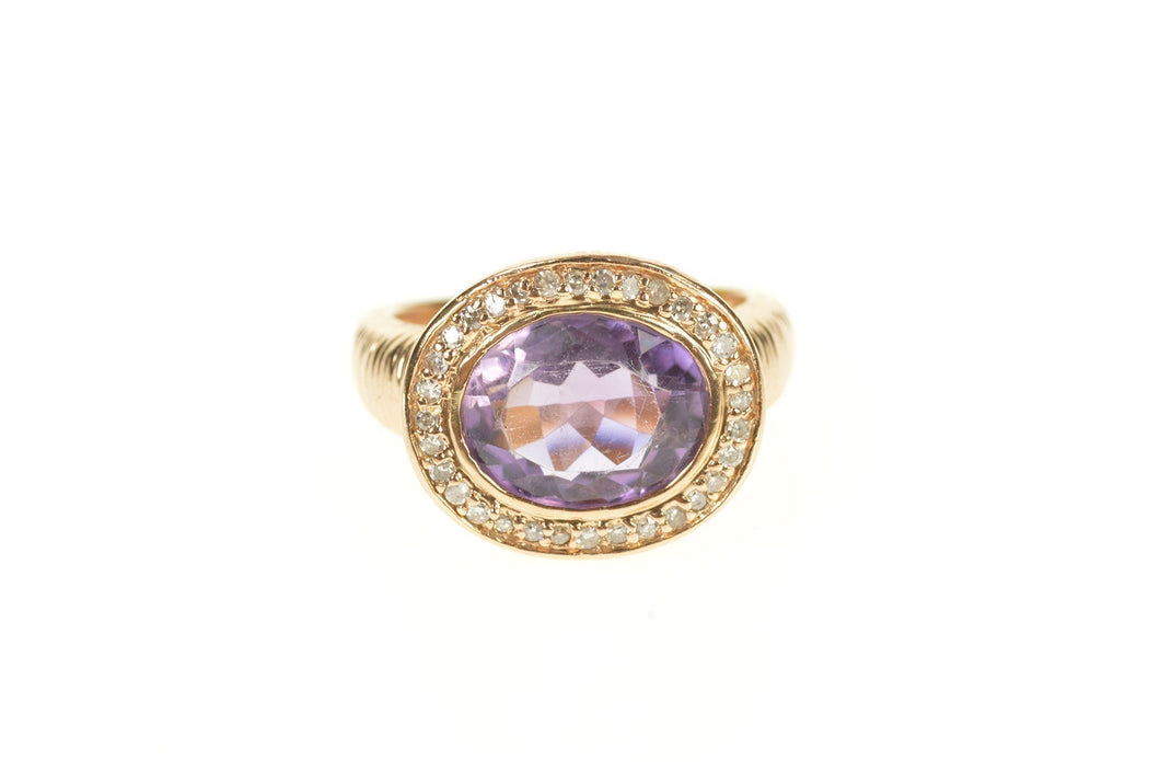 14K Oval Amethyst Diamond Halo Cocktail Statement Ring Size 6 Rose Gold