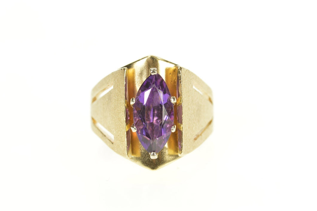 14K Marquise Amethyst Solitaire Squared Statement Ring Size 6.75 Yellow Gold
