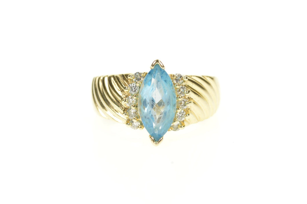 14K Marquise Blue Topaz Diamond Accent Grooved Ring Size 6.25 Yellow Gold