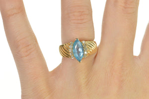 14K Marquise Blue Topaz Diamond Accent Grooved Ring Size 6.25 Yellow Gold