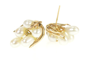 14K 1960's Retro Pearl Cluster Statement Earrings Yellow Gold