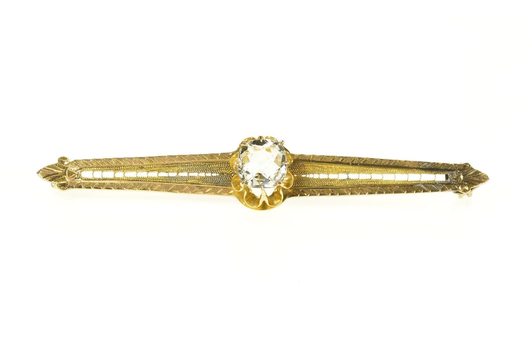 14K Victorian Cushion Solitaire Ornate Bar Pin/Brooch Yellow Gold