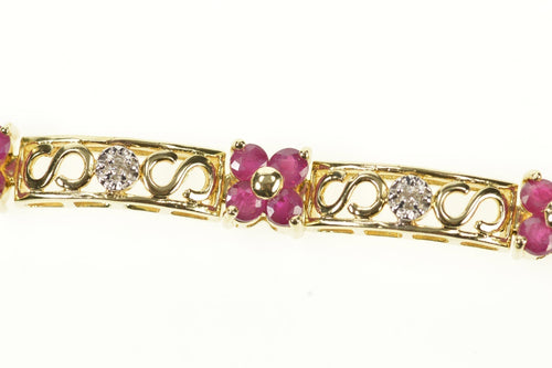 14K Ruby Flower Cluster Diamond Bar Link Tennis Bracelet 7