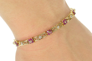 14K Ruby Flower Cluster Diamond Bar Link Tennis Bracelet 7" Yellow Gold