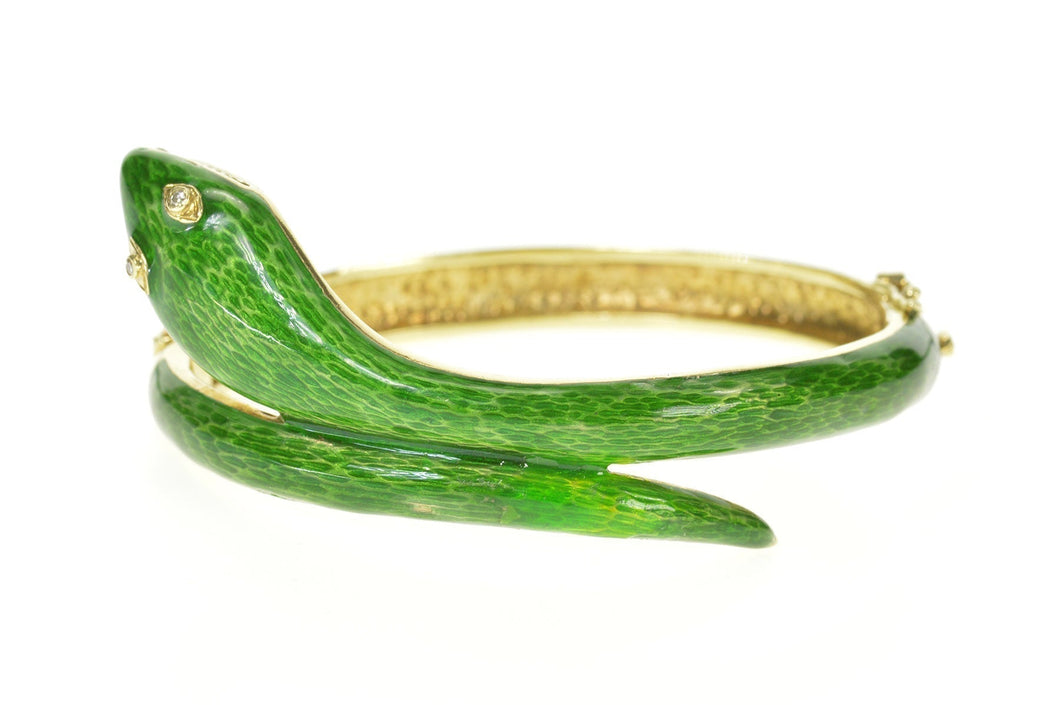 14K 1960's Diamond Eyed Green Enamel Serpent Bracelet 6.75