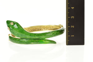 14K 1960's Diamond Eyed Green Enamel Serpent Bracelet 6.75" Yellow Gold