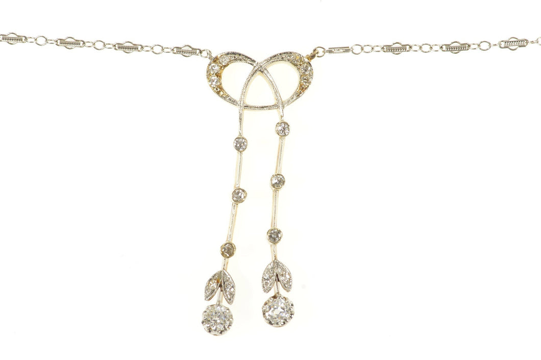 14K 0.74 Ctw Edwardian Diamond Bow Drop Chain Necklace 15