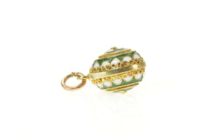 18K Green & White Enamel Russian Faberge Egg Charm/Pendant Yellow Gold