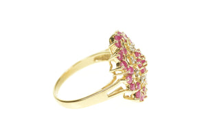 9K Ruby Diamond Ornate Halo Filigree Cocktail Ring Size 8 Yellow Gold