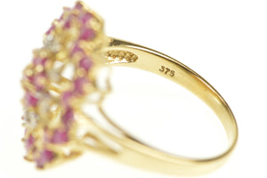 9K Ruby Diamond Ornate Halo Filigree Cocktail Ring Size 8 Yellow Gold