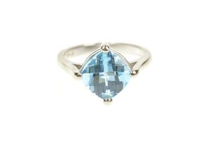 14K Cushion Faceted Blue Topaz Statement Ring Size 6.5 White Gold