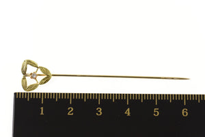 14K Diamond Inset Etched Ornate Leaf Design Stick Pin Yellow Gold