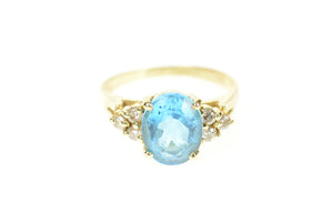 14K Oval Blue Topaz Diamond Cluster Cocktail Ring Size 7 Yellow Gold