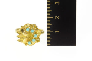 14K Retro 1940's Turquoise Ornate Leaf Cocktail Ring Size 7.75 Yellow Gold