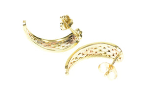 10K Tri Tone Curved Bar Pattern Semi Hoop Earrings Yellow Gold