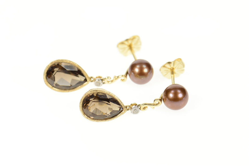 14K Ornate Pear Smoky Quartz Drop Brown Pearl Earrings Yellow Gold