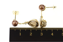 Load image into Gallery viewer, 14K Ornate Pear Smoky Quartz Drop Brown Pearl Earrings Yellow Gold