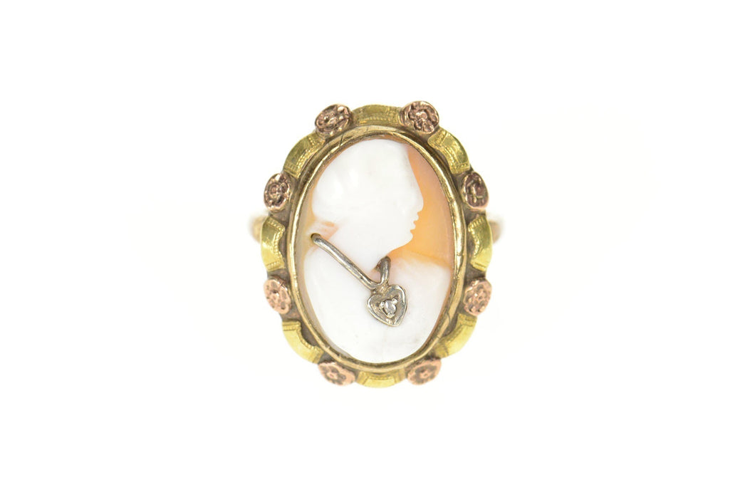 14K Victorian Diamond Necklace Carved Cameo Ring Size 6.75 Yellow Gold