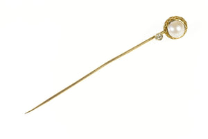 10K Victorian Pearl Diamond Accent Filigree Stick Pin Yellow Gold